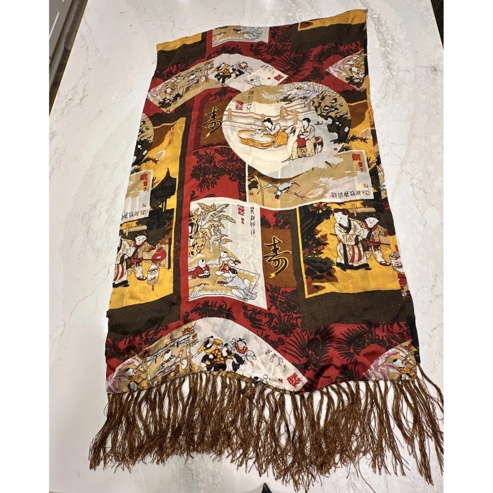 Jin Xiu Lang Japanese Folk Scenes Scarf 100% Silk Asian 65x20" gorgeous